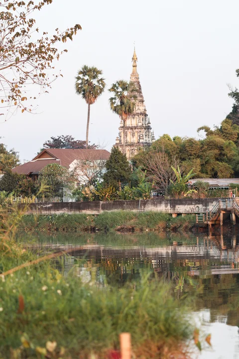 River view with the ancient Chiang Mai Buddhist chedi rising above the trees with palm reflections